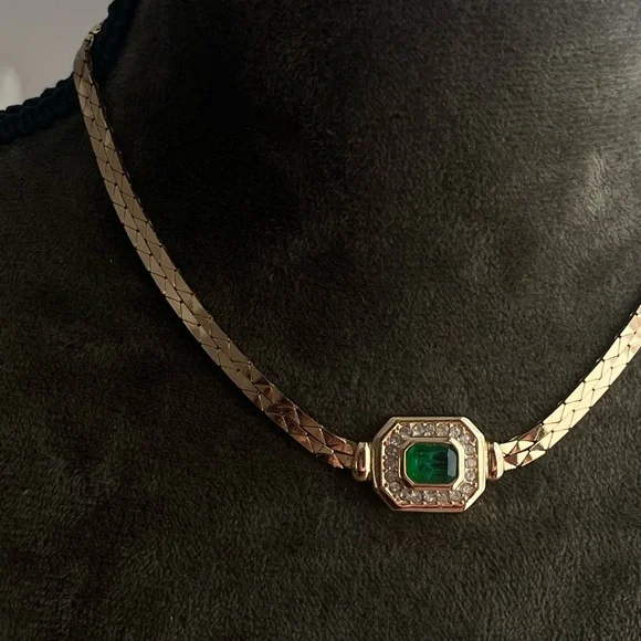 Vintage Grossé (Dior) Green Swirly Poured Glass Double Layer Gold Chain Necklace - Picture 2 of 8